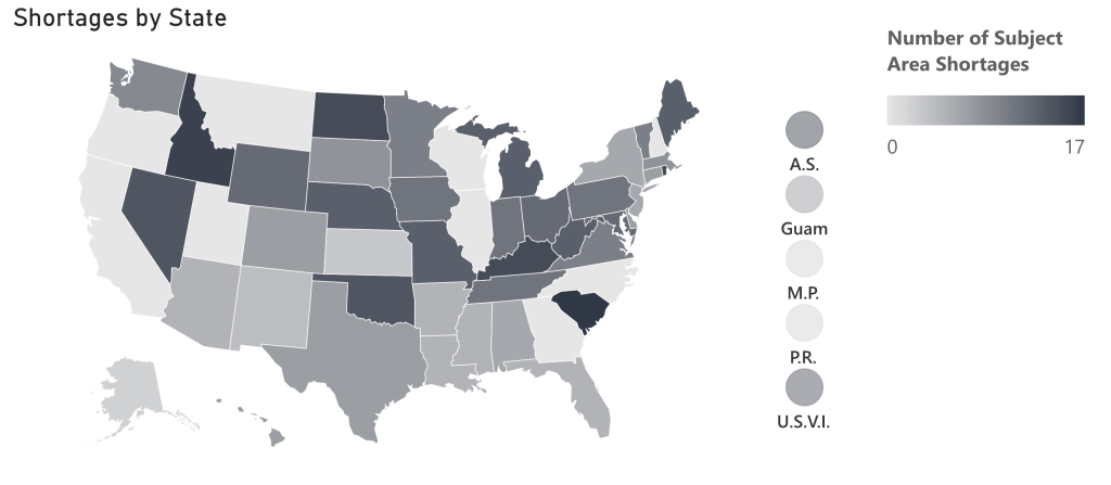 A map of teacher shortage hot spots made by the NCSL based on data from the Federal Government